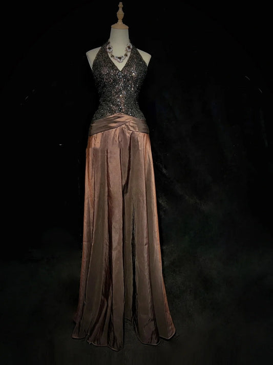 Beautiful Prom Dresses A Line Halter Brown Satin With Lace Bodice Long Evening Outfits N3372
