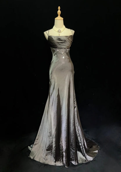 Vintage Prom Dresses Inspo Mermaid Spaghetti Strap Grey Satin 90s With Beaded Formal Gowns N3351