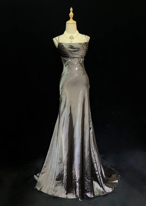 Vintage Prom Dresses Inspo Mermaid Spaghetti Strap Grey Satin 90s With Beaded Formal Gowns N3351