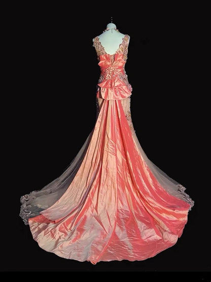 Vintage Prom Dresses Mermaid Straps Light Pink Sequined Lace With Flowers Long Evening Outfits N3441