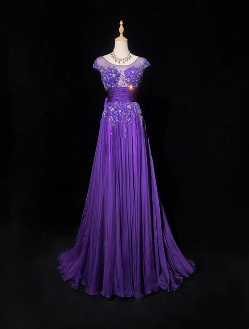 Vintage Prom Dresses A Line Bateau Purple Chiffon 80s With Beading Long Formal Evening Outfits N3899