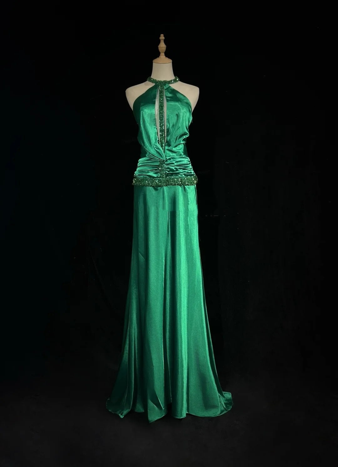 Vintage Prom Dresses A Line Halter Green Satin 80s With Beading Long Formal Evening Outfits N3904