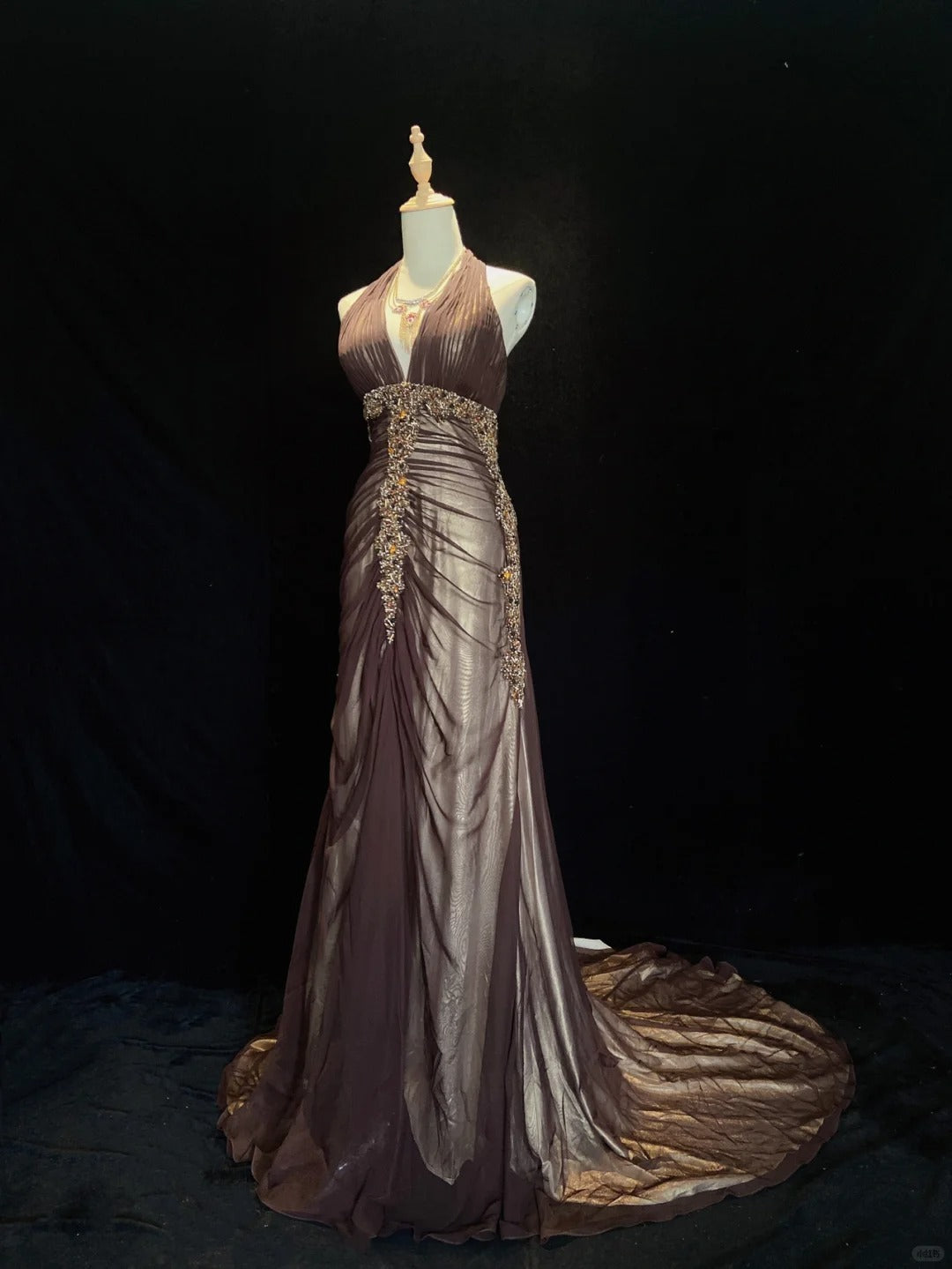 Vintage Prom Dresses Inspo Mermaid V Neck Brown Satin Long 1990s With Beading Formal Gowns N3352