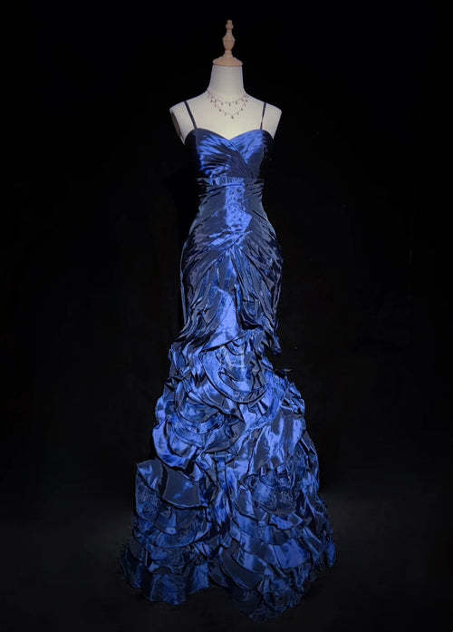 Vintage Prom Dresses Inspo Mermaid Spaghetti Strap Navy Blue Tiered Layers 80s With Ruffled Formal Gowns N3361