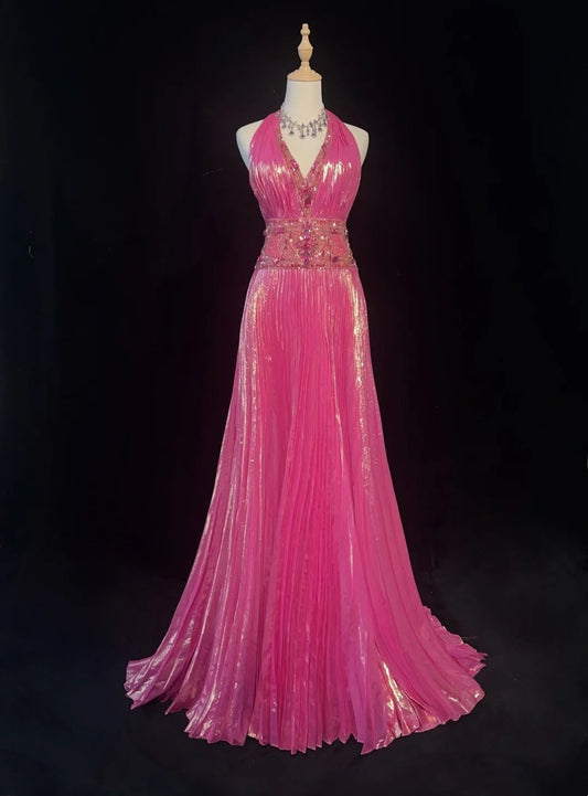 Vintage 90s Prom Dresses A Line Halter Hot Pink With Beading Crystals Long Prom Gown N3062