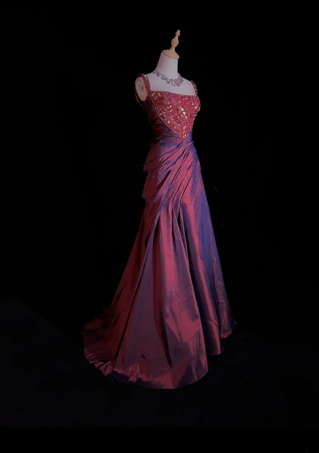 Vintage Prom Dresses 1980s Mermaid Square Neck Burgundy Taffeta Floor Lenngth With Pleated Beading Evening Outfits N3127