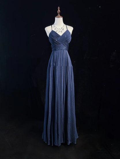 Vintage Prom Dresses 90s A line Spaghetti Strap Navy Blue Sequined Backless Long Evening Outfits N3141
