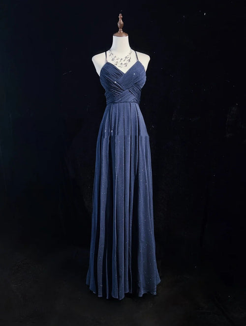 Vintage Prom Dresses 90s A line Spaghetti Strap Navy Blue Sequined Backless Long Evening Outfits N3141