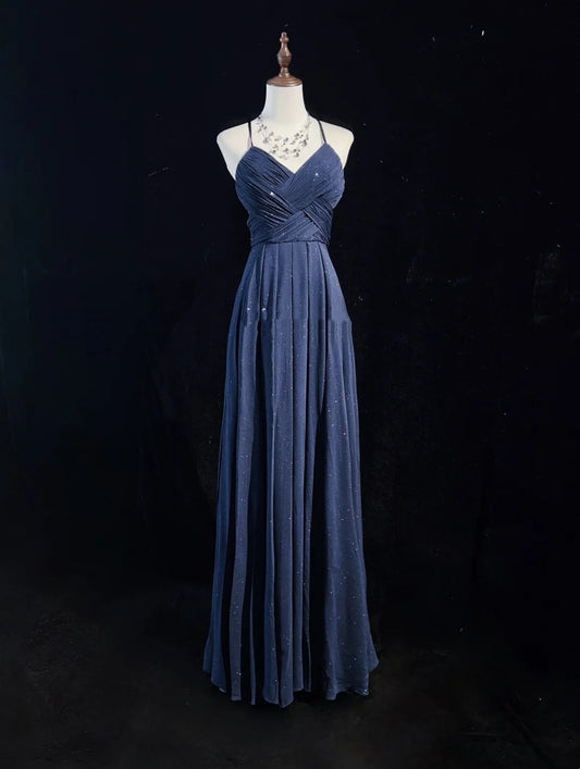 Vintage Prom Dresses 90s A line Spaghetti Strap Navy Blue Sequined Backless Long Evening Outfits N3141