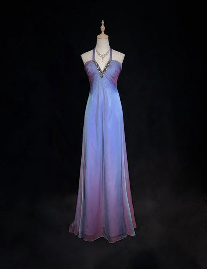 Elegant Prom Dresses A line Halter Gradient Colors Grape Chiffon With Beaded Sleeveless Long Formal Gown N2894