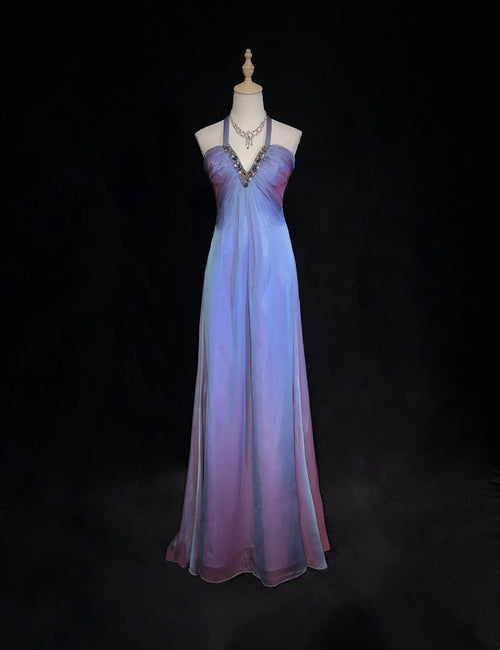 Elegant Prom Dresses A line Halter Gradient Colors Grape Chiffon With Beaded Sleeveless Long Formal Gown N2894