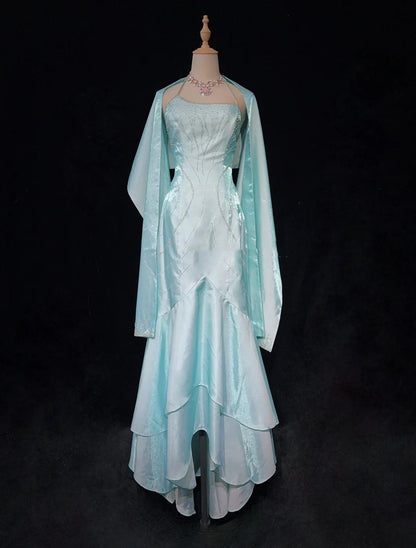 Vintage Prom Dresses 80s Mermaid Halter Blue Sleeveless With Cape Beading Semi Formal Evening Outfits N3616