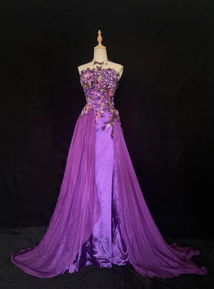 Beautiful Prom Dresses Mermaid Purple Strapless Tulle With Flowers Appliqued Long Evening Outfits N3411