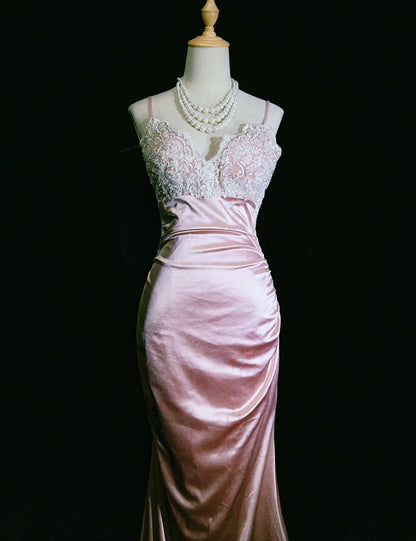 Vintage Prom Dresses Inspo Mermaid Spaghetti Strap Pink Satin With Ruffled White Lace For Women Formal Dress N3249