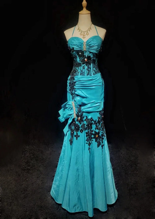 Vintage Prom Dresses Inspo Mermaid Halter Blue Black Lace 80s With Ruffled Appliqued Formal Gowns N3362