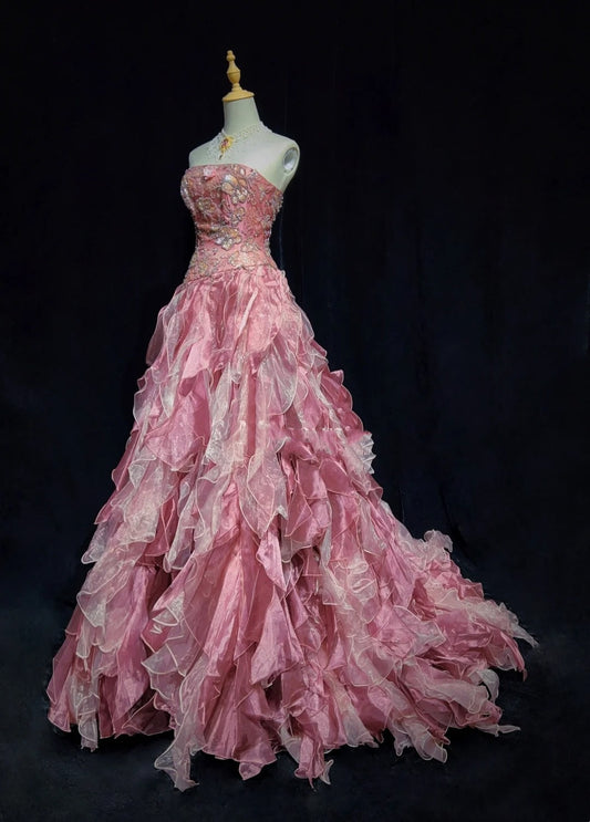 Princess Prom Dresses Ball Gown Strapless Pink Tulle Tiered Layers Evening Long Quince Dress N3286