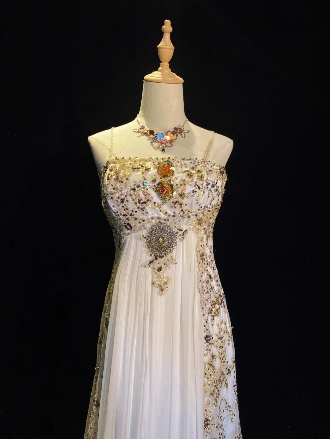Vintage 90s Prom Dresses A Line Spaghetti Strap White Chiffon With Gold Lace Formal Evening Outfits N3849