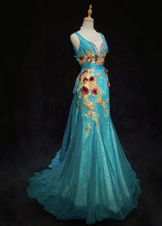 Vintage Prom Dresses Inspo Mermaid Sweetheart Blue Tulle Lace 80s With Appliqued Formal Gowns N3365