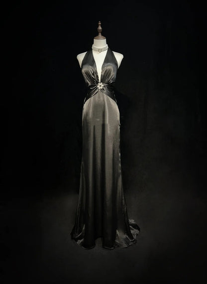 Vintage Prom Dresses 1980s A Line Halter Satin Black Tie Dress Long With Pleated Evening Outfits N3131