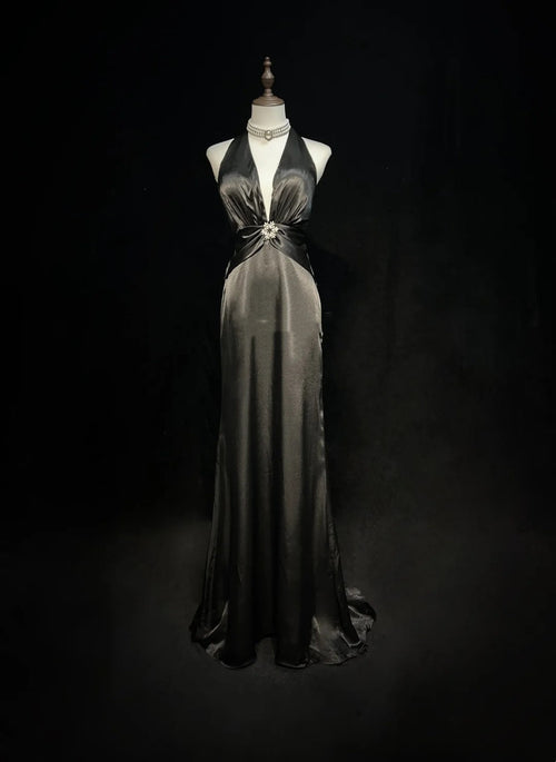 Vintage Prom Dresses 1980s A Line Halter Satin Black Tie Dress Long With Pleated Evening Outfits N3131