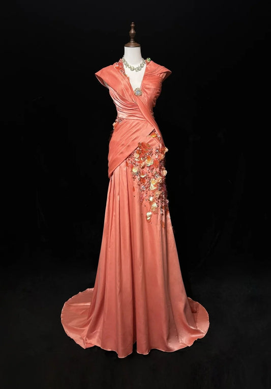 Vintage Prom Dresses 80s Mermaid V Neck Coral Satin With Ruffled Flowers Long Evening Outfits N3453