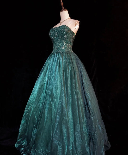 Modest Prom Dresses Ball Gown Strapless Dark Green With Lace Appliqued Long Evening Outfits N3451