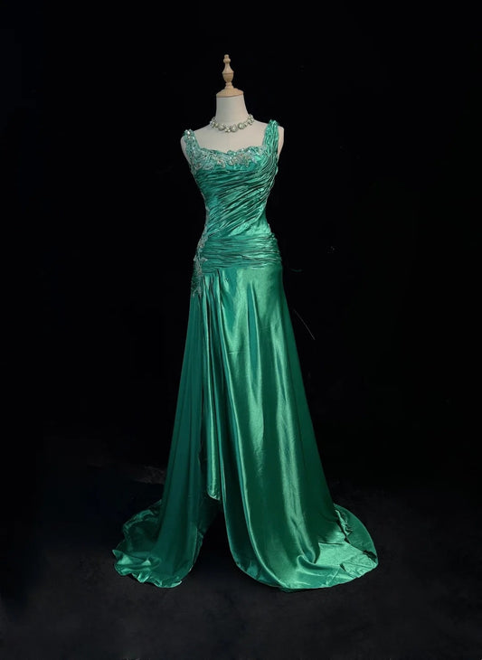 Vintage Prom Dresses Inspo Mermaid Square Neck Green Satin 90s With Appliqued For Women Formal Gowns N3332
