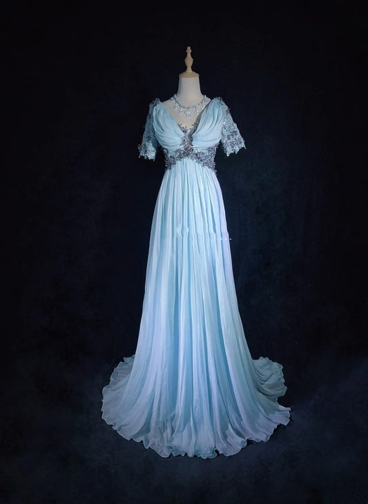 Vintage Prom Dresses 1960s A line V Neck Light Sky Blue Chiffon With Appliqued Long Prom Gown N3109