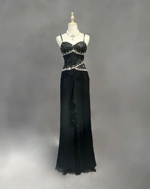 Modest Prom Dresses Mermaid Spaghetti Strap Black Tie Chiffon With Beading Formal Evening Dress N3857