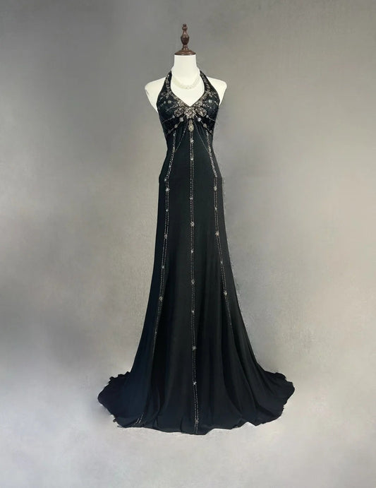 Vintage Prom Dresses Mermaid Halter Little Black Tie Dress With Ruffles Long Evening Outfits N3446