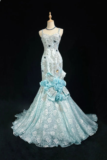 Beautiful Prom Dresses Mermaid Spaghetti Strap Light Blue With Flowers Beading Long Evening Outfits N3319