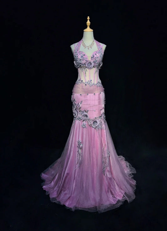Modest Prom Dresses Mermaid Halter Lilac Tulle With Beading Lace Long Formal Evening Dress N3882