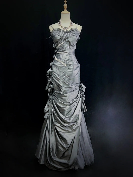 Modest Prom Dresses Mermaid Spaghetti Strap Grey Satin With 3D Flowers Formal Outfits N3653