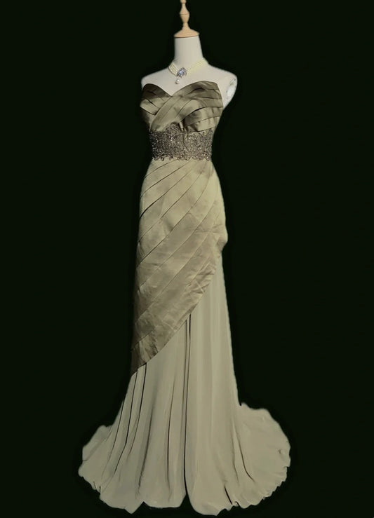 Modest Prom Dresses Mermaid Sweethart Olive Green Satin Sleeveless Formal Outfits N3609