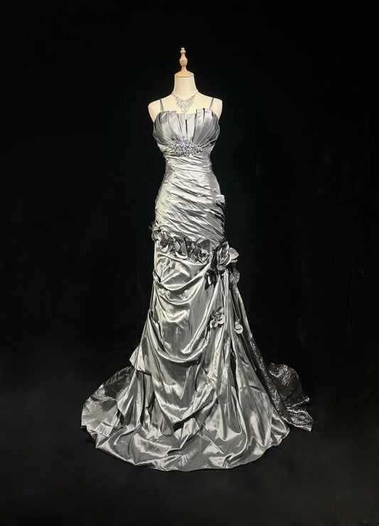 Beautiful Prom Dresses Mermaid Spaghetti Strap Silver Gray With Flowers Long Formal Evening Outfits N3684