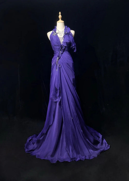 Vintage Prom Dresses 1960s Mermaid V Neck Purple Chiffon With Ruffled Long Prom Gown N3110