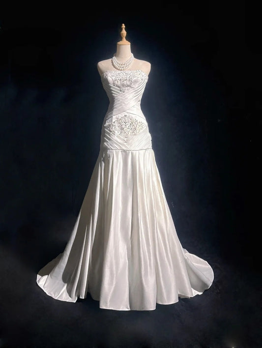Vintage 90s Prom Dresses Mermaid Strapless White Chiffon With Ruffled Beads Long Prom Gown N3036