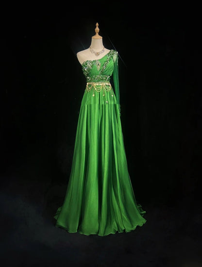 Sexy A Line One Shoulder Green Chiffon With Beads Gem Crystals Formal Dress Long Prom Dresses N2697