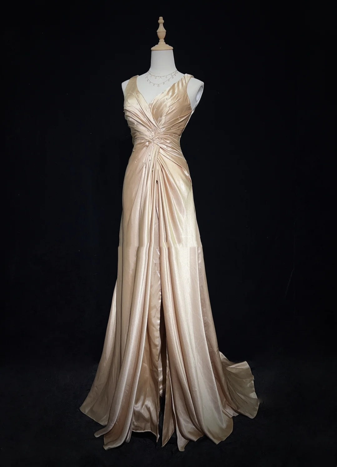 Vintage Prom Dresses Inspo A Line V Neck Gold Satin Long 1990s With Beading Formal Gowns N3347