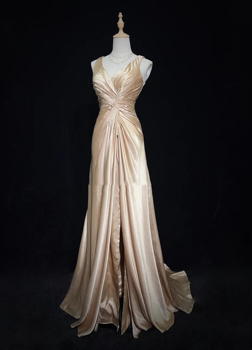 Vintage Prom Dresses Inspo A Line V Neck Gold Satin Long 1990s With Beading Formal Gowns N3347