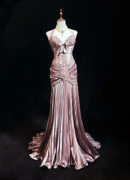 Vintage Prom Dresses 80s Mermaid Halter Pink Satin With Ruffled Long Evening Outfits N3452