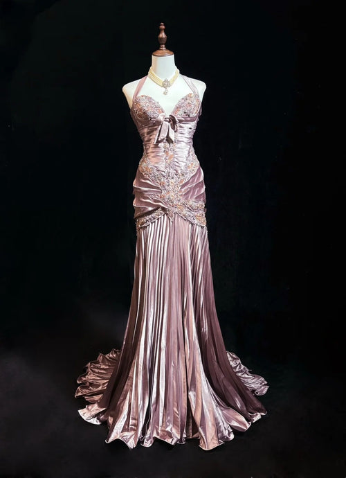 Vintage Prom Dresses 80s Mermaid Halter Pink Satin With Ruffled Long Evening Outfits N3452
