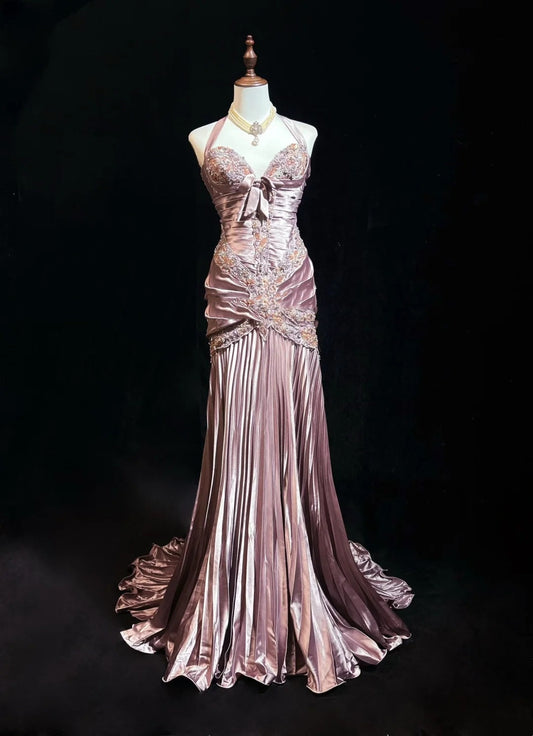 Vintage Prom Dresses 80s Mermaid Halter Pink Satin With Ruffled Long Evening Outfits N3452