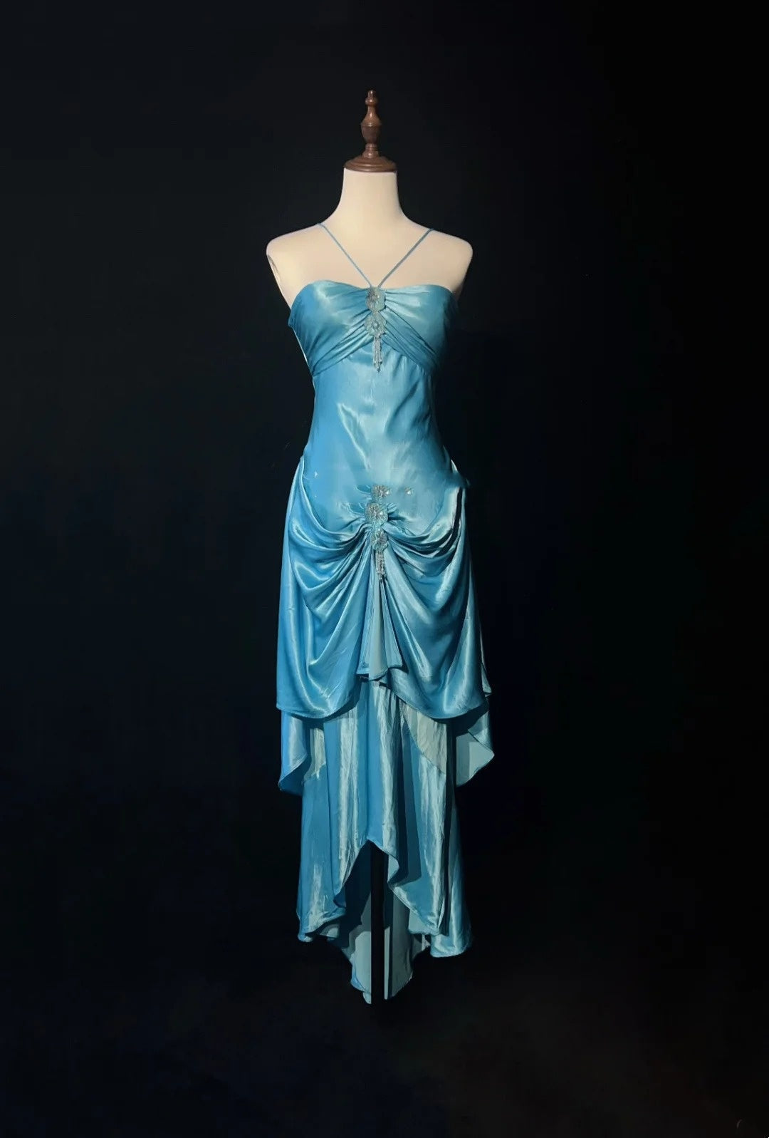 Modest Prom Dresses Mermaid Halter Blue Satin Sleeveless With Ruffled Formal Evening Dress N3828