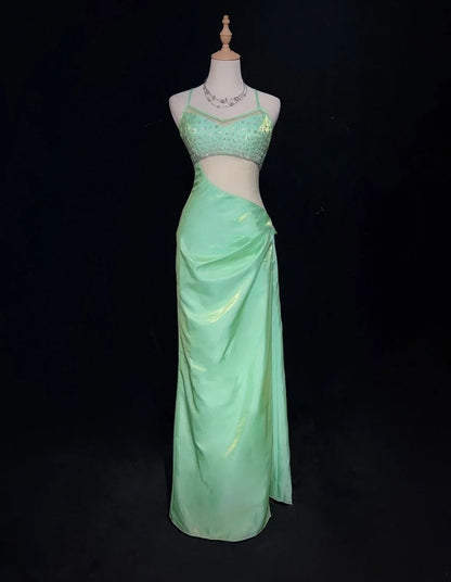 Gothic Glam Prom Dresses Mermaid Spaghetti Strap Mint Green Sleeveless With Beaded Semi Formal Evening Dress N3801