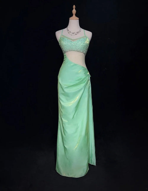 Gothic Glam Prom Dresses Mermaid Spaghetti Strap Mint Green Sleeveless With Beaded Semi Formal Evening Dress N3801