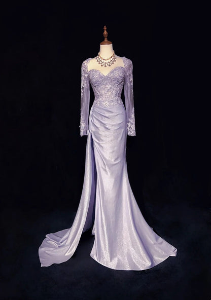 Vintage Prom Dresses 1960s Mermaid Sweetheart Lilac With Split Long Sleeves Prom Gown N3100