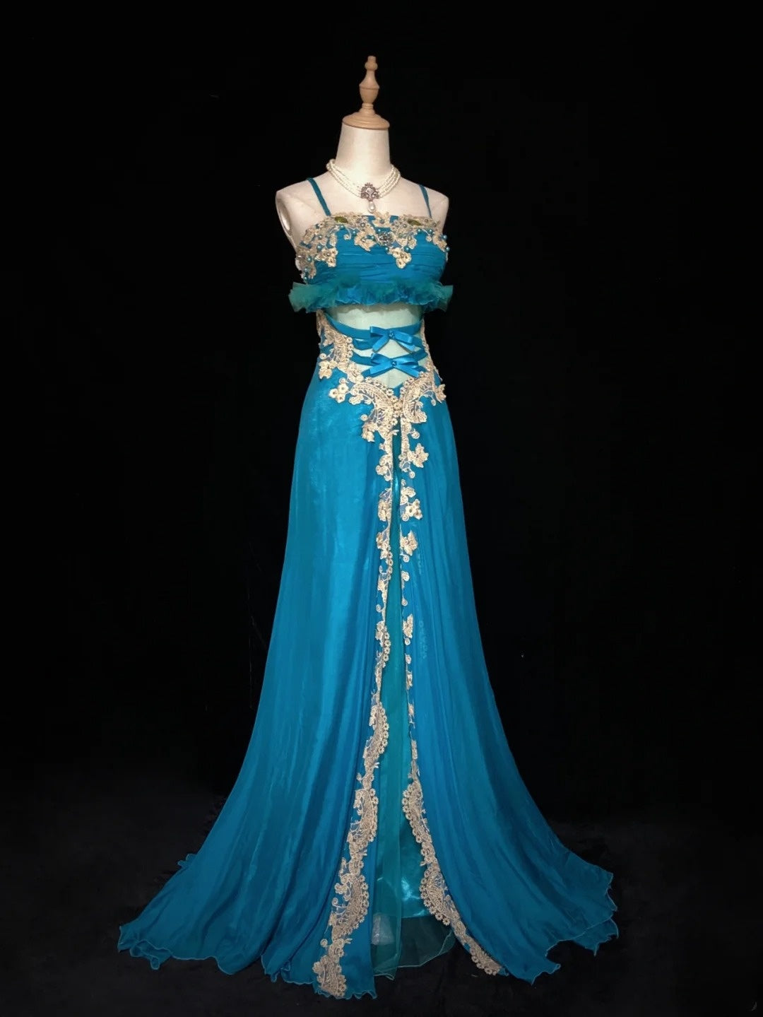 Vintage Prom Dresses Spaghetti Strap A Line Blue Chiffon With Gold Lace Long Formal Evening Outfits N3864