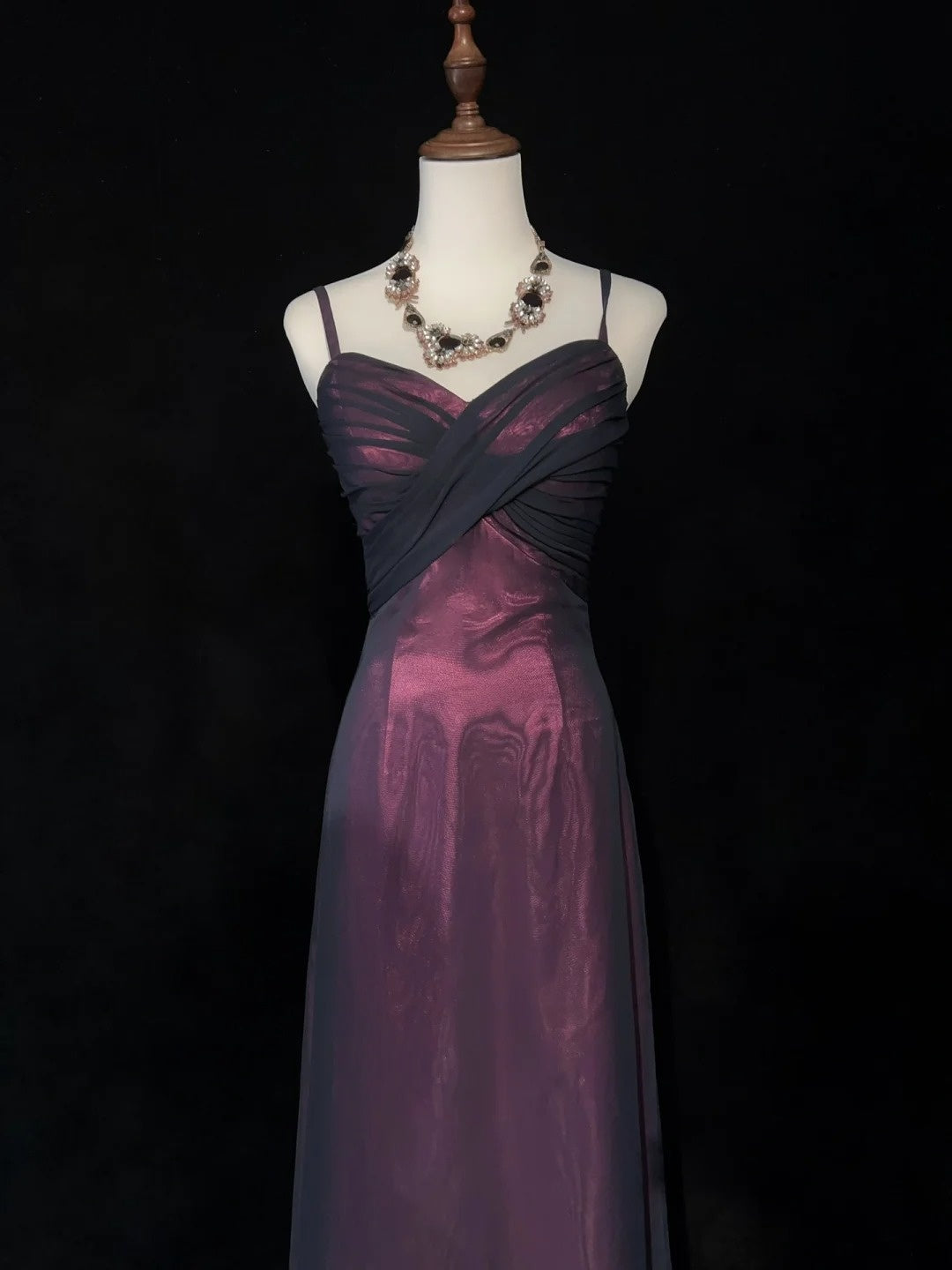Vintage Prom Aesthetic Dresses A Line Spaghetti Strap Burgundy Black Chiffon Long Formal Dress N3016