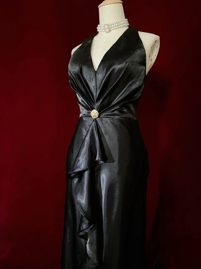 Beautiful Prom Dresses Mermaid V Neck Black Tie Dress Satin With Ruffled Bodice Long Evening Outfits N3368